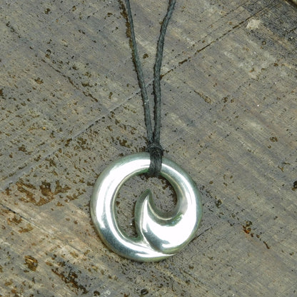 Wave Pendant Necklace (Large), Handcast Pewter on Adjustable Waxed Cord