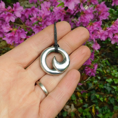 Wave Pendant Necklace (Large), Handcast Pewter on Adjustable Waxed Cord