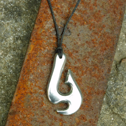 Maori Fish Hook Pendant Necklace (Axe Design), Handcast Pewter Pendant on Adjustable Waxed Cord