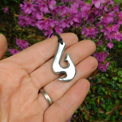 Maori Fish Hook Pendant Necklace (Axe Design), Handcast Pewter Pendant on Adjustable Waxed Cord