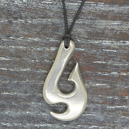 Maori Fish Hook Pendant Necklace (Axe Design), Handcast Pewter Pendant on Adjustable Waxed Cord