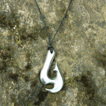 Maori Fish Hook Pendant Necklace (Axe Design), Handcast Pewter Pendant on Adjustable Waxed Cord