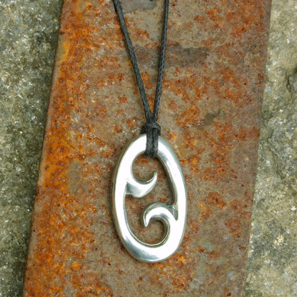 Koru Pendant Necklace (Oval Spiral Design), Maori-Inspired Handcast Pewter Pendant on Adjustable Waxed Cord