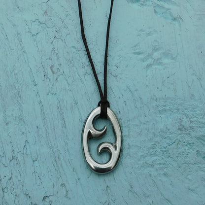 Koru Pendant Necklace (Oval Spiral Design), Maori-Inspired Handcast Pewter Pendant on Adjustable Waxed Cord