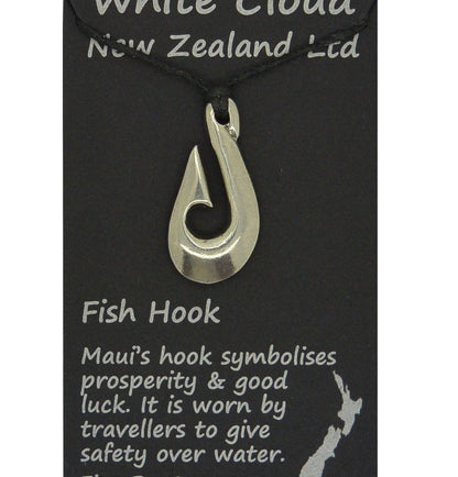 Maori Fish Hook Pendant Necklace (Simple Design), Handcast Pewter Pendant on Adjustable Waxed Cord