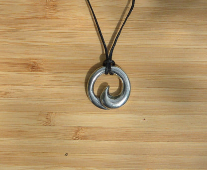 Wave Pendant Necklace (Small), Handcast Pewter on Adjustable Waxed Cord