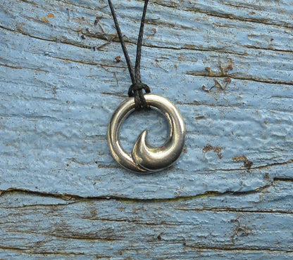 Wave Pendant Necklace (Small), Handcast Pewter on Adjustable Waxed Cord