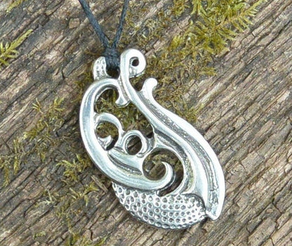 Engraved Manaia Pendant Necklace, Handcast Pewter Pendant on Adjustable Waxed Cord