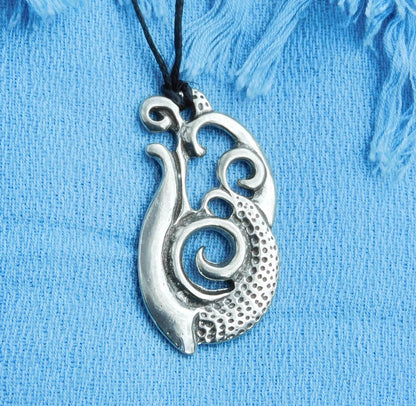 Engraved Manaia Pendant Necklace, Handcast Pewter Pendant on Adjustable Waxed Cord