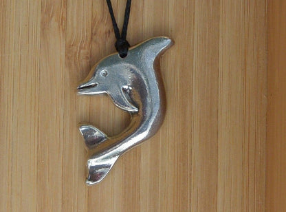 Leaping Dolphin Pendant Necklace, Handcast Pewter Pendant on Adjustable Waxed Cord