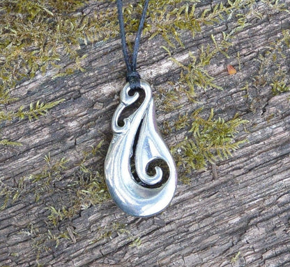 Fish Hook Pendant Necklace (Simple Curved Design), Maori-Inspired Handcast Pewter Pendant on Adjustable Waxed Cord