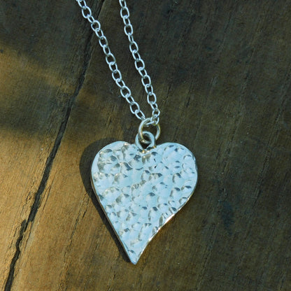 Hammered Heart Pendant Necklace on Silver Plated Chain, Handcast Pewter