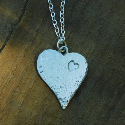 Hammered Heart Pendant Necklace on Silver Plated Chain, Handcast Pewter