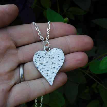 Hammered Heart Pendant Necklace on Silver Plated Chain, Handcast Pewter