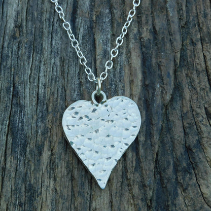 Hammered Heart Pendant Necklace on Silver Plated Chain, Handcast Pewter