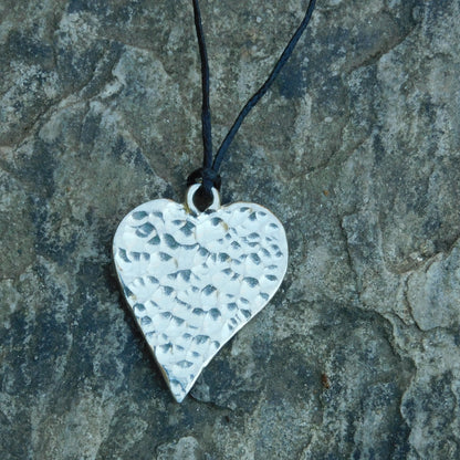 Hammered Heart Pendant Necklace, Handcast Pewter on Adjustable Waxed Cord