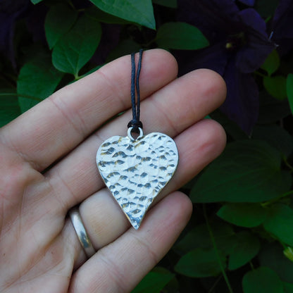 Hammered Heart Pendant Necklace, Handcast Pewter on Adjustable Waxed Cord
