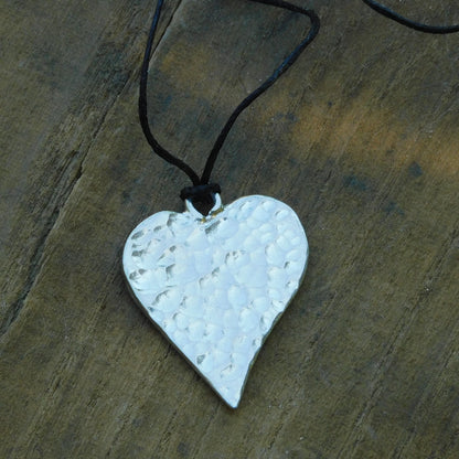 Hammered Heart Pendant Necklace, Handcast Pewter on Adjustable Waxed Cord