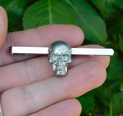 Skull Tie Clip, Handcast Pewter Tie Clip, Polished Finish