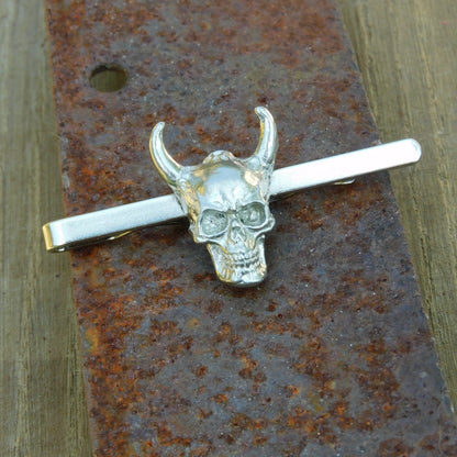 Horned Skull Tie Clip, Handcast Pewter Tie Clip, Polished Finish