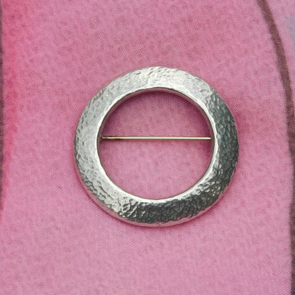 Hammered Circle Brooch, Handcast Pewter, Polished Finish