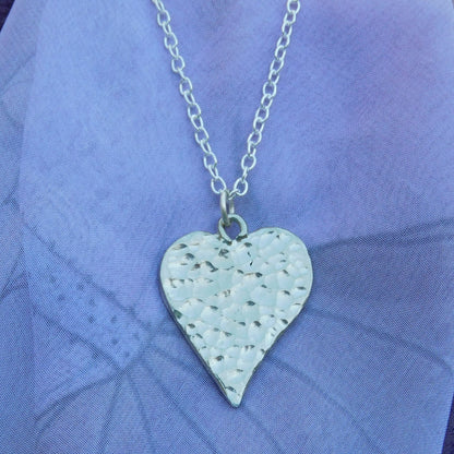 Hammered Heart Pendant Necklace on Silver Plated Chain, Handcast Pewter