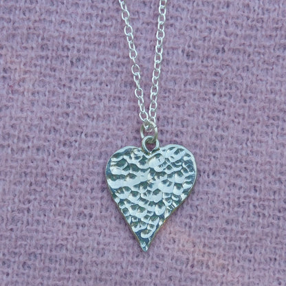 Hammered Heart Pendant Necklace on Silver Plated Chain, Handcast Pewter