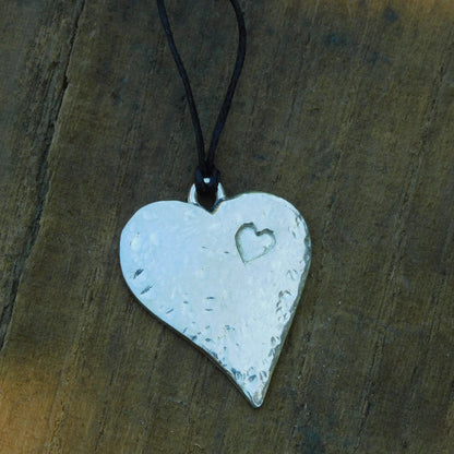 Hammered Heart Pendant Necklace, Handcast Pewter on Adjustable Waxed Cord