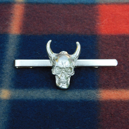 Horned Skull Tie Clip, Handcast Pewter Tie Clip, Polished Finish