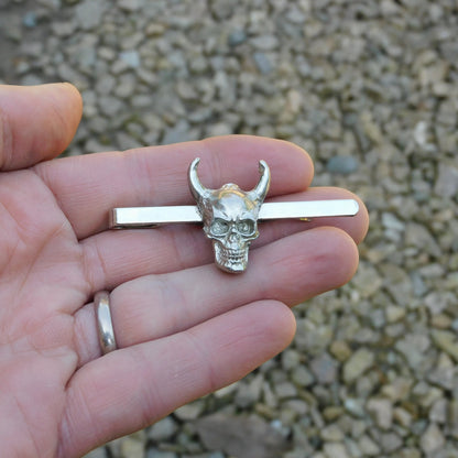 Horned Skull Tie Clip, Handcast Pewter Tie Clip, Polished Finish