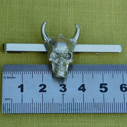 Horned Skull Tie Clip, Handcast Pewter Tie Clip, Polished Finish