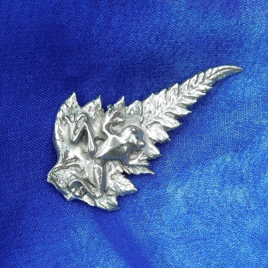 Frog on Fern Leaf Brooch, Handcast Pewter Brooch, Polished Finish