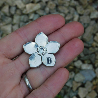 Personalised Forget-Me-Not Brooch, Handcast Pewter Brooch, Polished Finish