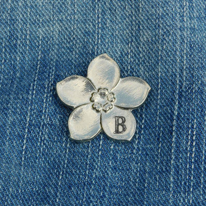 Personalised Forget-Me-Not Brooch, Handcast Pewter Brooch, Polished Finish