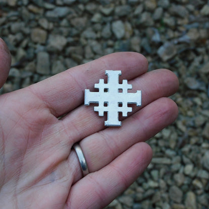 Jerusalem Cross Brooch, Handcast Pewter, Polished Finish