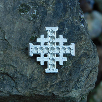 Jerusalem Cross Brooch (Dimpled Design), Handcast Pewter, Polished Finish