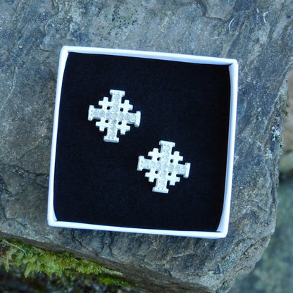 Jerusalem Cross Cufflinks (Dimpled Design), Handcast Pewter Cufflinks, Polished Finish