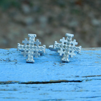 Jerusalem Cross Cufflinks (Dimpled Design), Handcast Pewter Cufflinks, Polished Finish