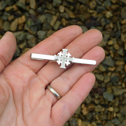 Jerusalem Cross Tie Clip (Dimpled Finish), Handcast Pewter Tie Clip, Polished Finish