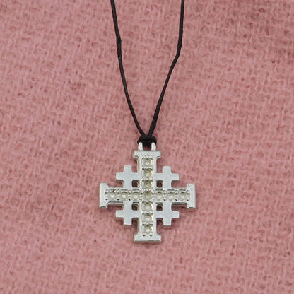 Jerusalem Cross Pendant, Dimpled Finish, Handcast Pewter, Polished, with Chain or Cord