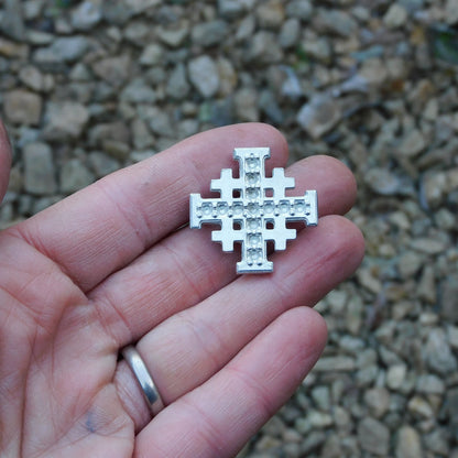 Jerusalem Cross Brooch (Dimpled Design), Handcast Pewter, Polished Finish