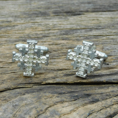 Jerusalem Cross Cufflinks (Dimpled Design), Handcast Pewter Cufflinks, Polished Finish