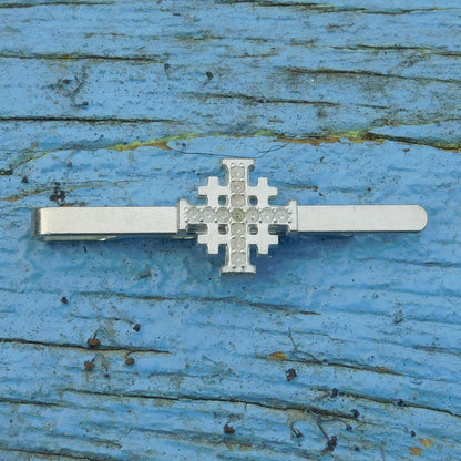 Jerusalem Cross Tie Clip (Dimpled Finish), Handcast Pewter Tie Clip, Polished Finish