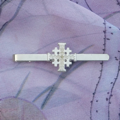 Jerusalem Cross Tie Clip (Dimpled Finish), Handcast Pewter Tie Clip, Polished Finish