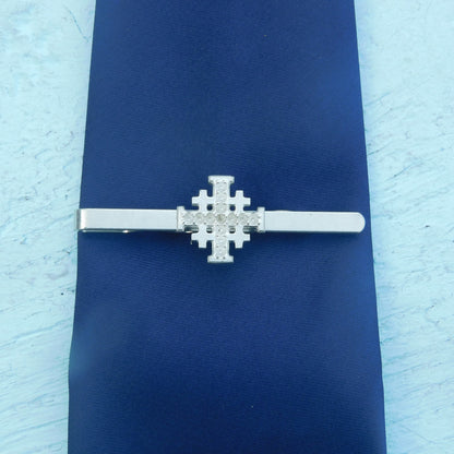 Jerusalem Cross Tie Clip (Dimpled Finish), Handcast Pewter Tie Clip, Polished Finish
