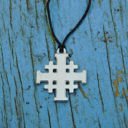 Jerusalem Cross Pendant, Handcast Pewter, Polished, with Chain or Cord