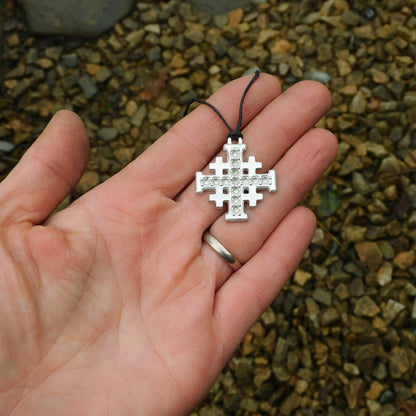 Jerusalem Cross Pendant, Dimpled Finish, Handcast Pewter, Polished, with Chain or Cord