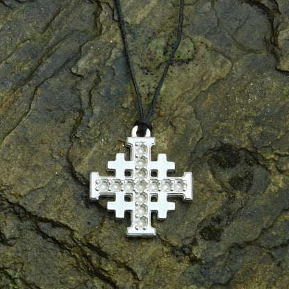 Jerusalem Cross Pendant, Dimpled Finish, Handcast Pewter, Polished, with Chain or Cord