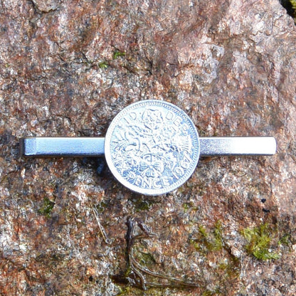 Lucky Sixpence Tie Clip (Coin Design), Handcast Pewter Tie Clip, Polished Finish