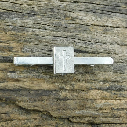 Bible Tie Clip with Inset Cross, Handcast Pewter Tie Clip, Polished Finish